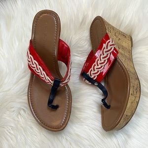 TOMMY Hilfiger Red White Braided Sandal Cork Wedges Shoes